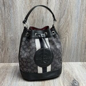 COACH Dempsey Bucket Bag In Signature Jacquard Stripe & Coach Patch No Charm EUC